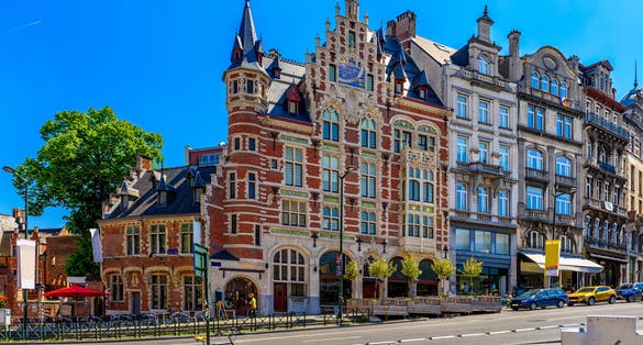 Old street in center of Brussels, Belgium. Cityscape of Brussels (Bruxelles). Architecture and landmarks of Brussels.