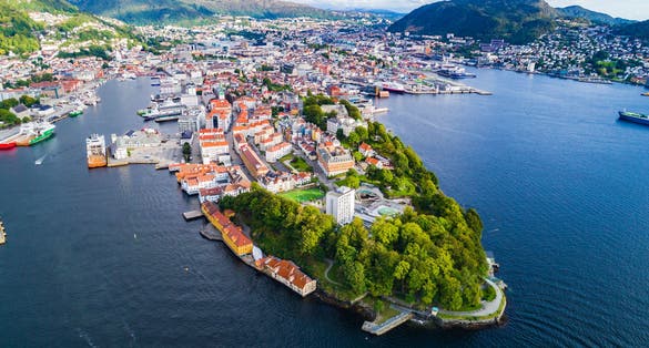 Aerial view of old town, Bergen, Norway.