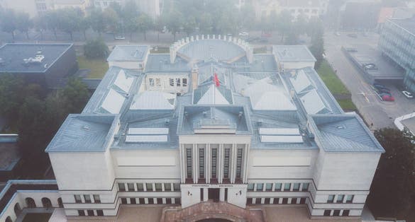 Aerial view of Vytautas the Great War Museum in Kaunas. Kaunas is the second-largest city in Lithuania and has historically been a leading centre of economic, academic, and cultural life