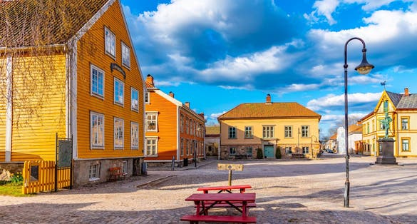 Torvet square in Fredrikstad with statue of the founder of the city - king Fredrik II, Norway