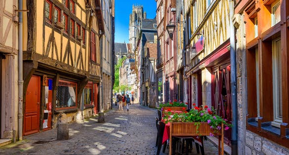 Photo of street with timber framing houses in Rouen, Normandy, France. 