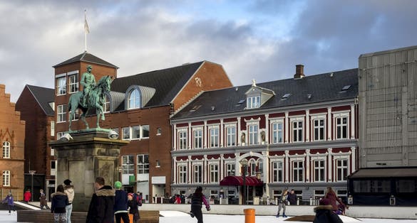 PHOTO OF VIEW OF Main square with public ice rink in Esbjerg, Denmark.
