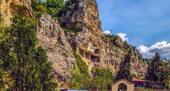 A rocky monastery is in the district of Ruse, Bulgaria.