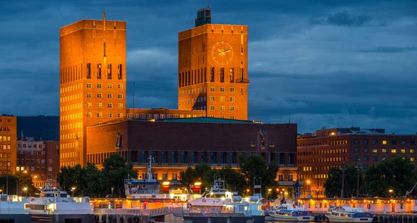 Oslo City Hall at night, Norway