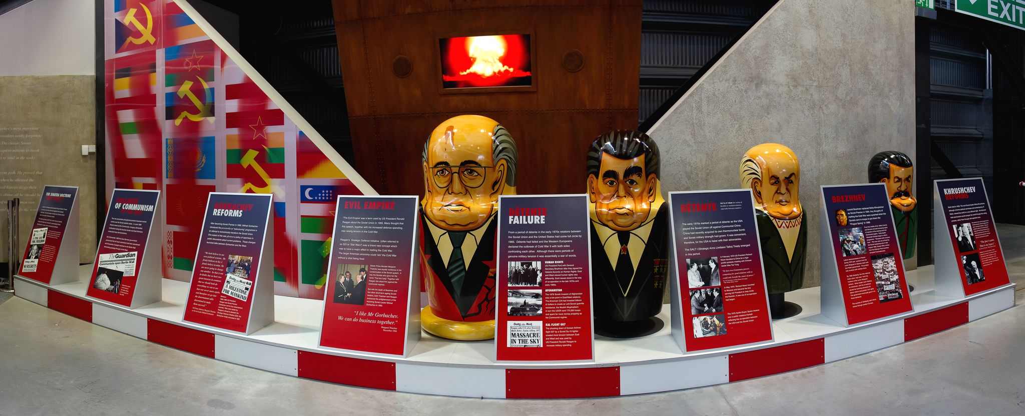 Soviet Russian leader matryoshka dolls of Stalin, Khrushchev, Brezhnev and Gorbachev, with detail of détente, on display at Royal Air Force Museum.