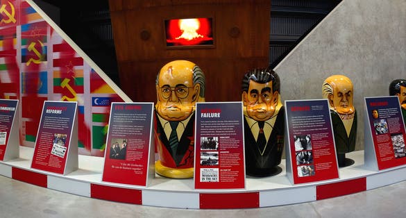 Soviet Russian leader matryoshka dolls of Stalin, Khrushchev, Brezhnev and Gorbachev, with detail of détente, on display at Royal Air Force Museum.