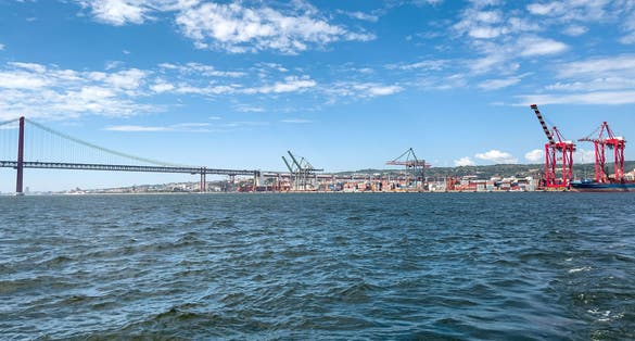 A view from a tour boat passing by the Port of Lisbon