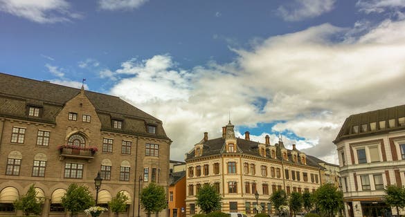photo of  view of Beautiful Square in Hamar, Norway with Old Buildings and Park.