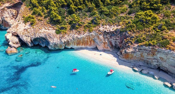 Photo of aerial drone view of the Ionian Sea coast of Zakynthos, Greece. 