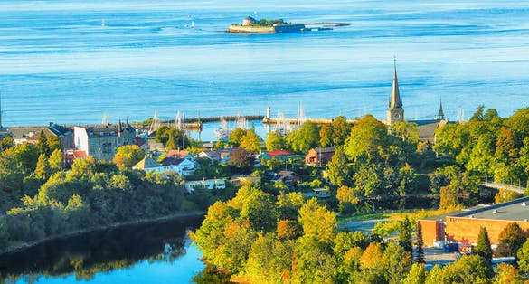  Aerial view of the river Nidelva, the church Ila and Trondheim fjord with the island Munkholmen
