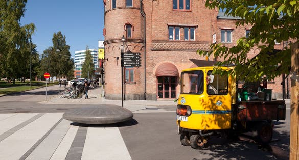  Street view of strolling people in the civic center in Umea, Sweden. 