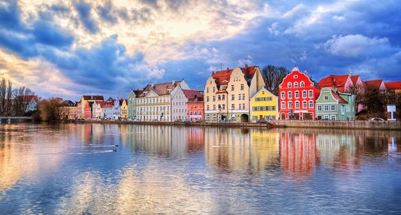 Photo of colorful historical houses on Isar river in an old gothic town Landshut by Munich, Germany.