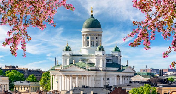 Photo of Helsinki Cathedral over city center in spring, Finland.