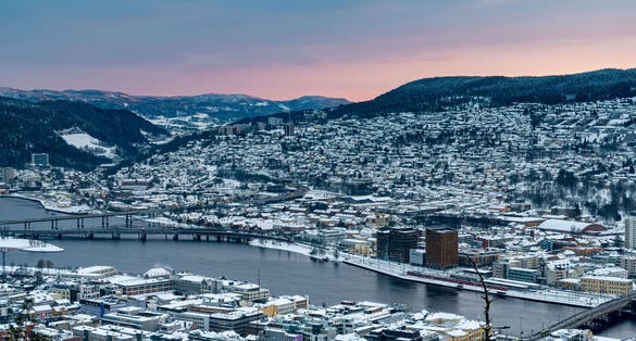 photo of sunset over Drammen, a town in the Buskerud province of Norway.
