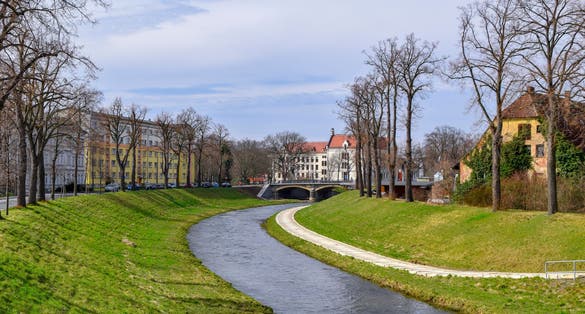 Drone aerial panorama Flight over Zittau old town and Johanniskirche, Saxony