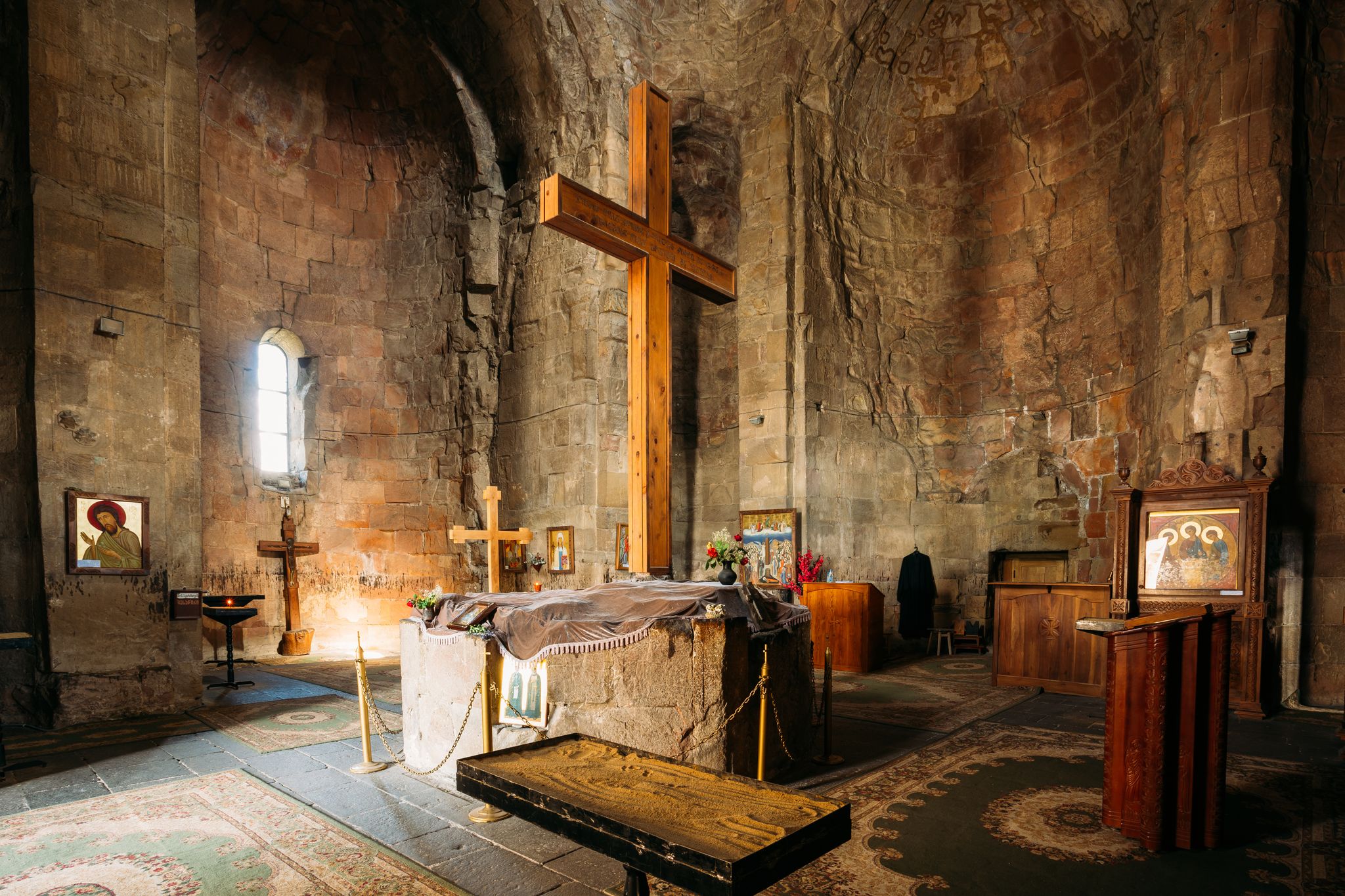 Photo of Big Wooden Cross In The Interior Of Jvari Church, Ancient Georgian Orthodox Monastery, Famous Landmark.