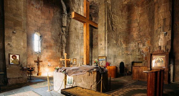 Photo of Big Wooden Cross In The Interior Of Jvari Church, Ancient Georgian Orthodox Monastery, Famous Landmark.
