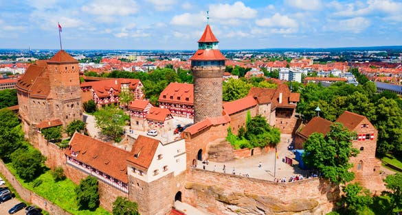 Photo of Nuremberg Castle aerial panoramic view. Castle located in the historical center of Nuremberg city.