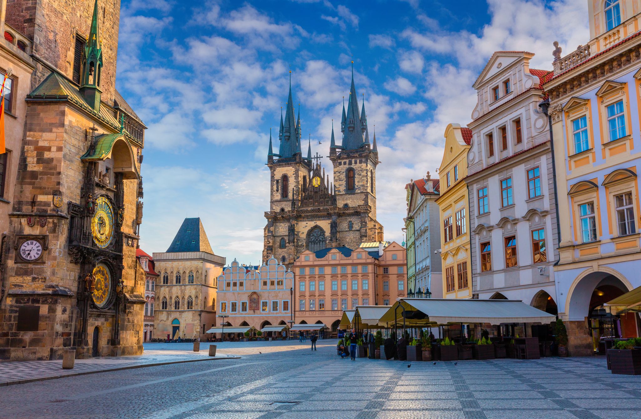 Photo of spring morning on the Old Town square with Tyn Church, Prague, Czech republic.