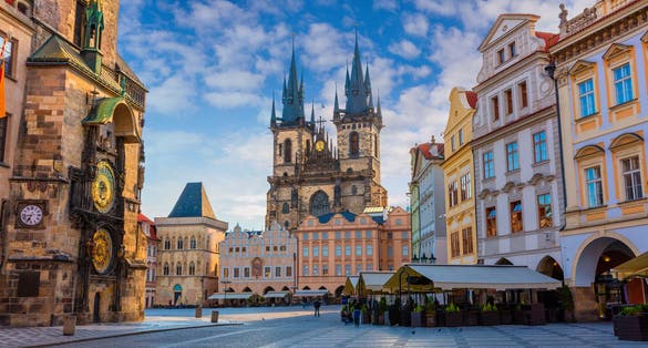 Photo of spring morning on the Old Town square with Tyn Church, Prague, Czech republic.
