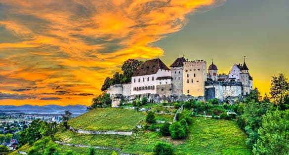 photo of Lenzburg Castle in Aargau, Switzerland at sunset.