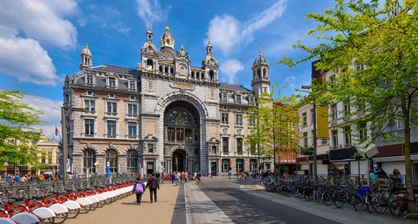 Antwerp Central Station in Antwerp, Belgium. Cozy cityscape of Antwerpen. Architecture and landmark of Antwerpen