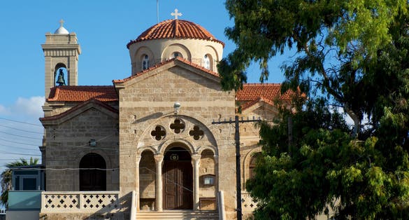 Photo of beautiful view of the of Panagia Theoskepasti orthodox church in Paphos, Cyprus.