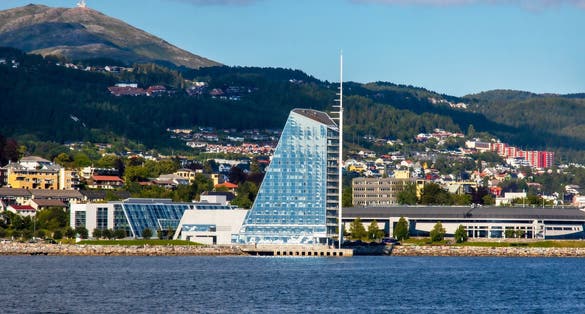 photo of view of View across Molde Norway from the Fjord. High quality photo.