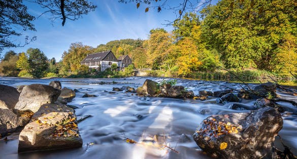 Panoramic image of the Wipperkotten close to the Wupper river during autumn, Solingen, Germany