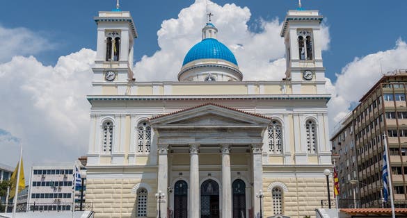 Photo of Entrance steps to the Greek Orthodox church of St Nicholas in Piraeus.