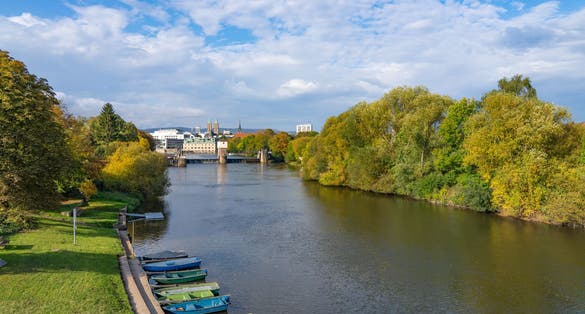 View over the river Fulda to downtown Kassel, Germany, on a sunny autumn day