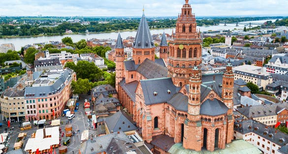 Mainz Cathedral aerial panoramic view ,located at the market square of Mainz city in Germany