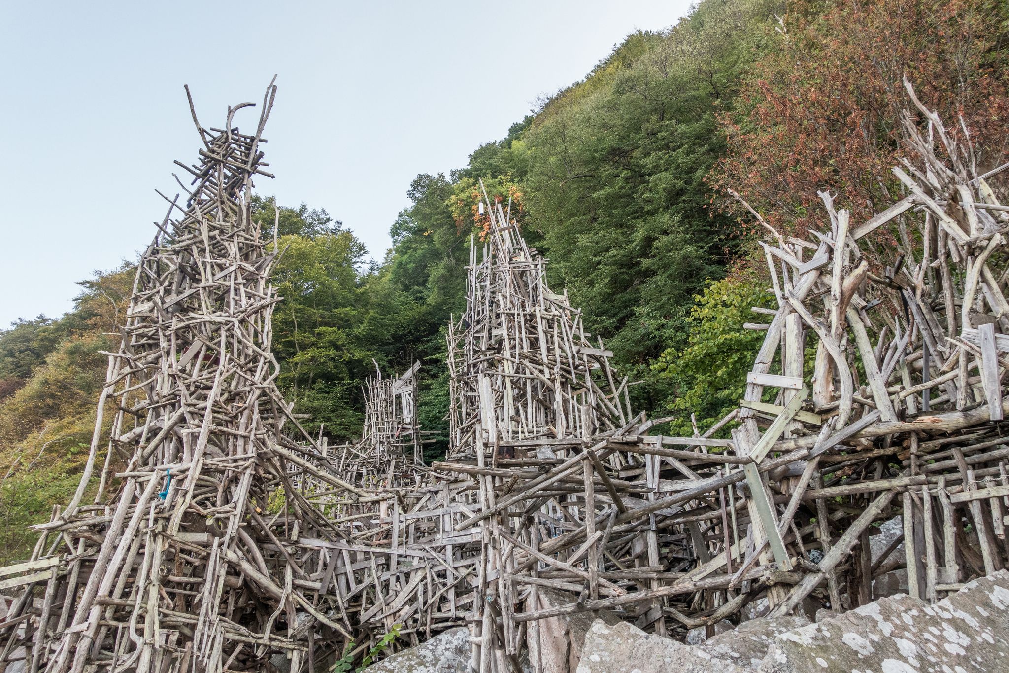 photo of the wooden towers of Nimis, in the micronation of Ladonia, located in the southern part of Sweden.
