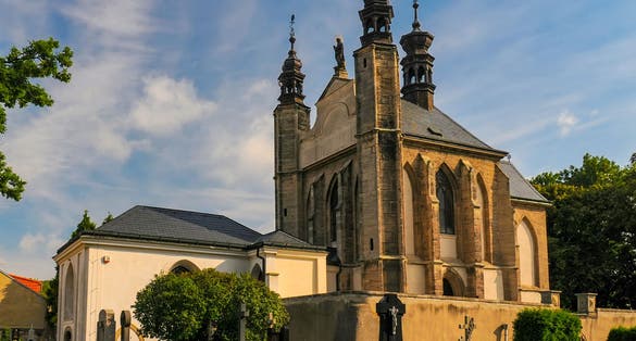 Photo of exterior of the Sedlec Ossuary (Kostnice Sedlec) in Kutna Hora, Czech Republic.