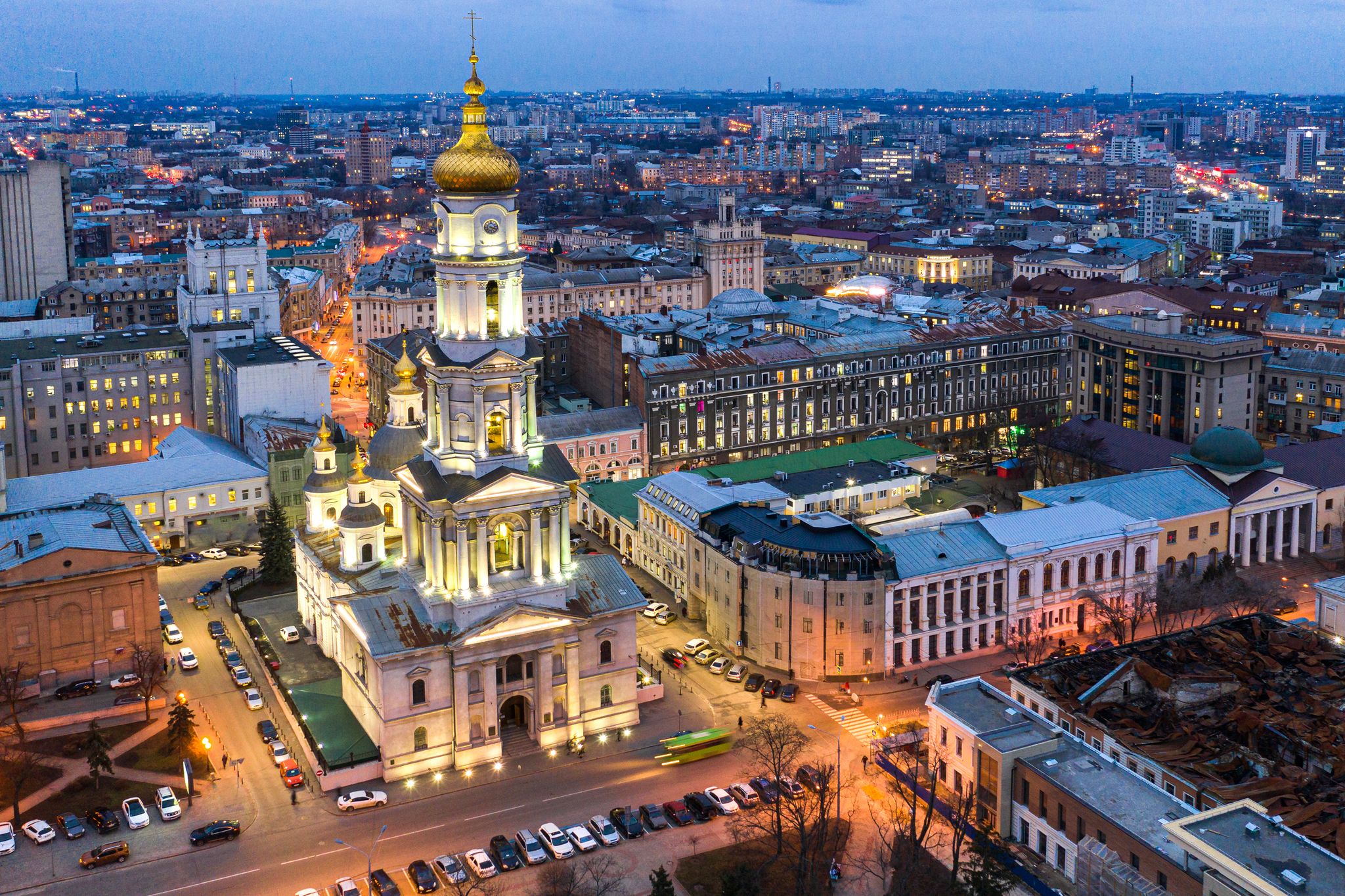 Photo of aerial view of Assumption Cathedral at night in Kharkiv, Ukraine.