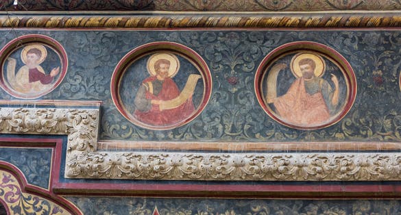 Photo of Stavropoleos Monastery, also known as Stavropoleos Church during the last century when the monastery was dissolved, is an Eastern Orthodox monastery for nuns in central Bucharest, Romania.