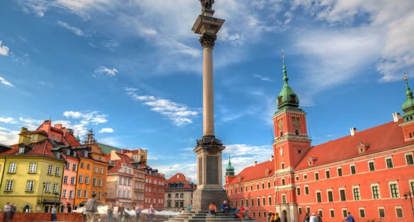 Photo of old town in Warsaw, Poland. The Royal Castle and Sigismund's Column called Kolumna Zygmunta.