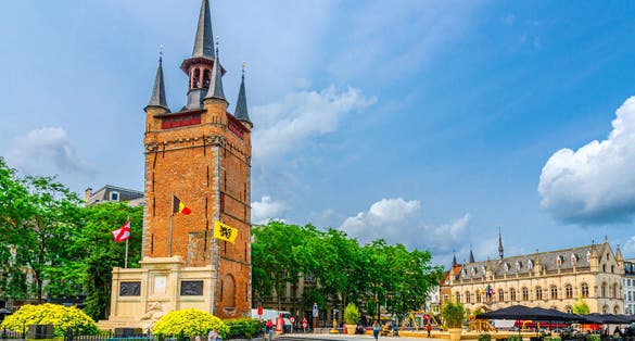Belfry of Kortrijk Belfort bell tower and City Hall building on Grote Markt Courtrai Central market square in Kortrijk city historical centre, Kortrijk old town, West Flanders province, Belgium