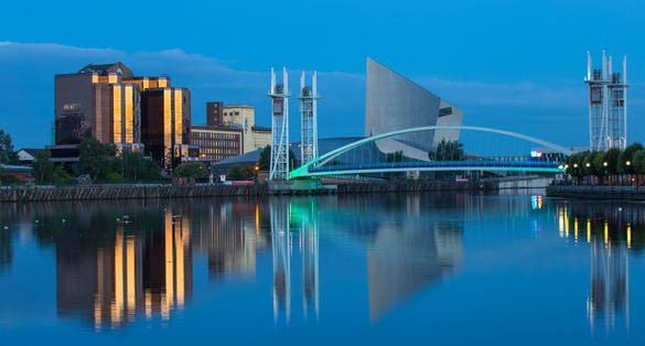 photo of view of The Lowry footbridge and Imperial War Museum North, Salford Quays, Salford, Manchester, England, United Kingdom, Europe