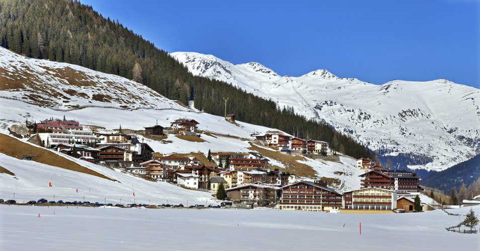 Photo of panorama of Hintertux ski resort in Zillertal Alps in Austria with the far view of ski lifts.