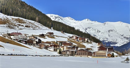 Photo of panorama of Hintertux ski resort in Zillertal Alps in Austria with the far view of ski lifts.