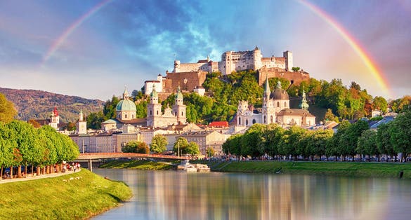Austria, Rainbow over Salzburg castle