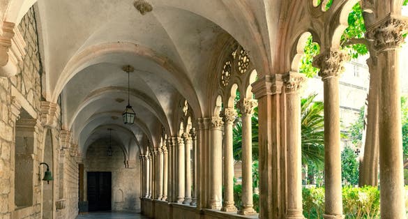 Photo of Dubrovnik Dominican Monastery Inner Courtyard, Beautiful Masterpiece of the Gothic Architecture of 15th century, Croatia.