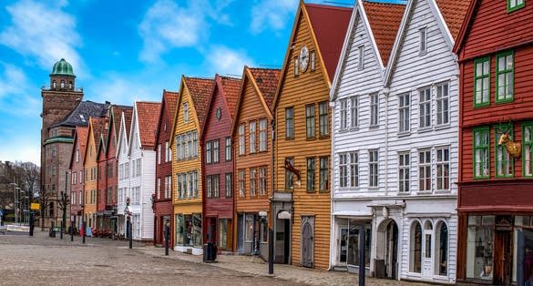Bryggen, Bergen, Norway. Hanseatic heritage commercial wooden buildings in the city of Bergen.