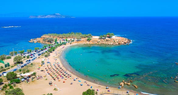 Photo of aerial view of famous beach Agioi Apostoloi, Chania, Crete, Greece.