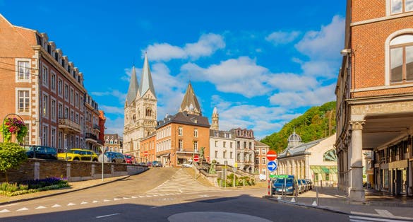 Streets in Town Center of Spa, Liège Province, Wallonia, Belgium. Spa is renowned for its natural mineral springs and Spa-Francorchamps, the circuit that hosts the annual Belgian Grand Prix.