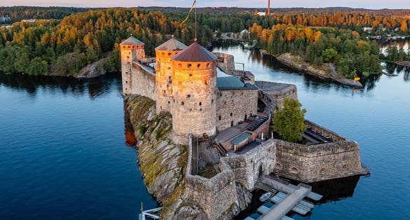 Aerial view of Olavinlinna castle, Savonlinna, Finland .
