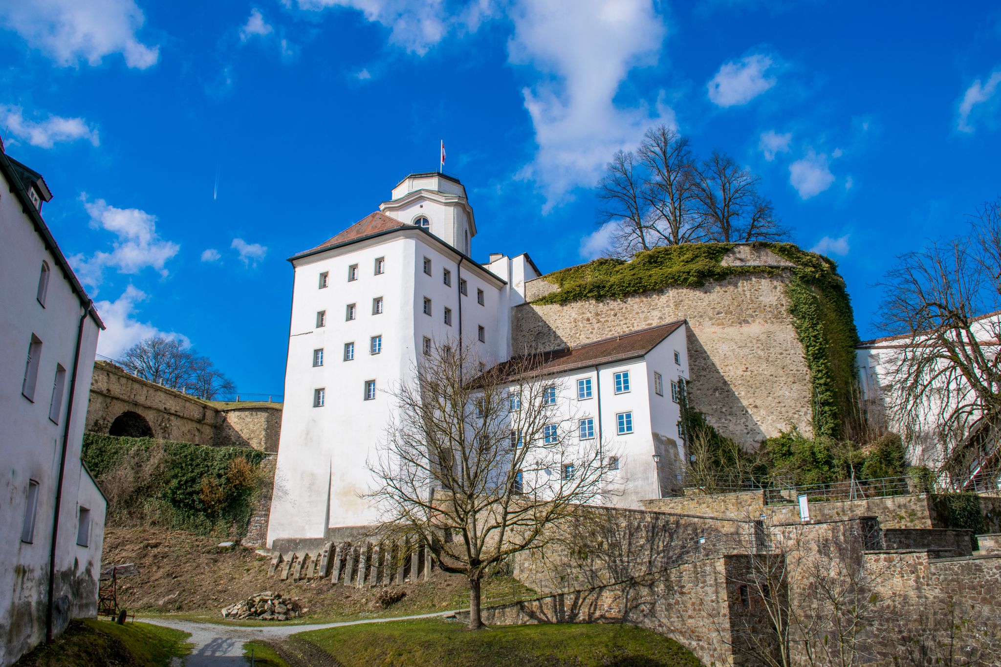 Aerial view of Unterhaus Castle in Passau, Germany.