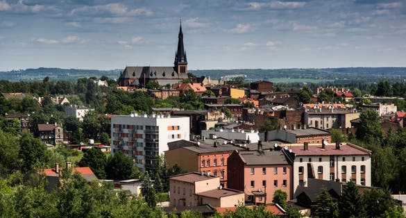 Photo of aerial view of church ST Maria Magdalena and the city of Chorzow, Poland.