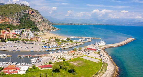 Aerial view of the port of Terracina, in the province of Latina, Italy. In background is the town of Terracina.